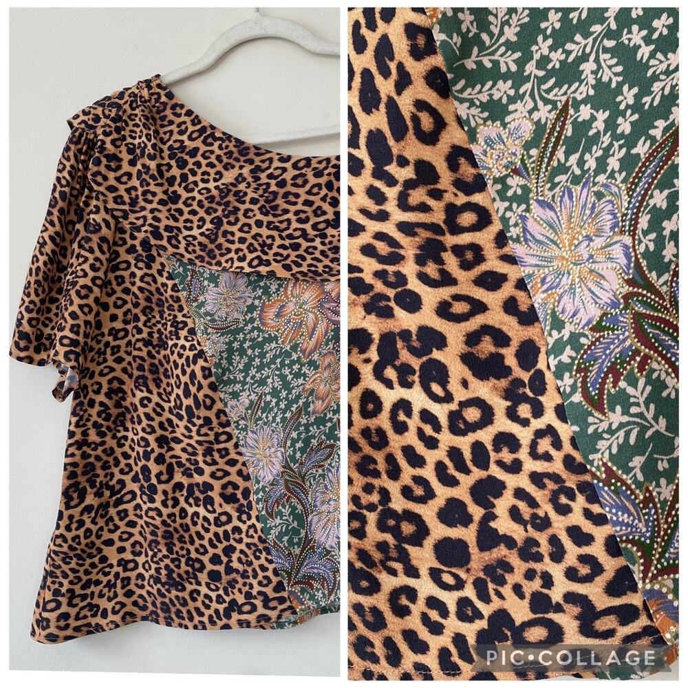 Kachel x Anthropologie Mixed Print Leopard & Floral Print One Shoulder Top SZ 10